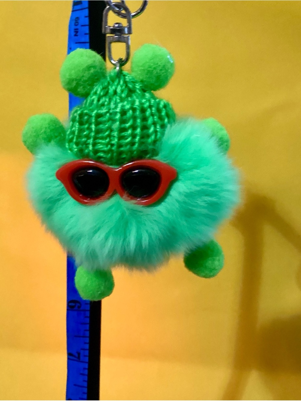 NWT - Cute Green Pom-Pom Plush Keychain with Red Sunglasses